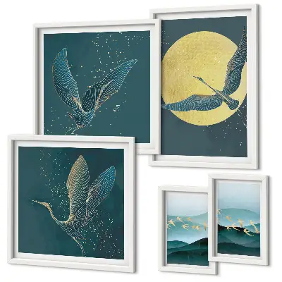 Set of 5 wall art pieces Landscapes birds night sky
