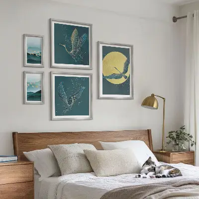 Set of 5 wall art pieces Landscapes birds night sky