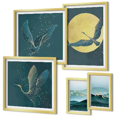 Set of 5 wall art pieces Landscapes birds night sky