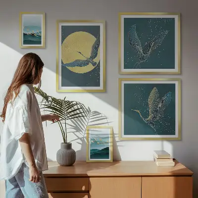 Set of 5 wall art pieces Landscapes birds night sky