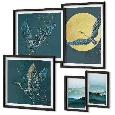 Set of 5 wall art pieces Landscapes birds night sky