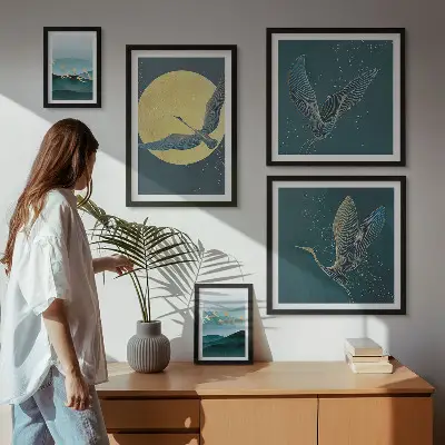 Set of 5 wall art pieces Landscapes birds night sky
