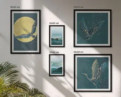 Set of 5 wall art pieces Landscapes birds night sky
