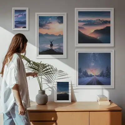 Gallery wall featuring mountain landscapes at night