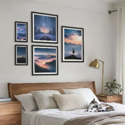 Gallery wall featuring mountain landscapes at night