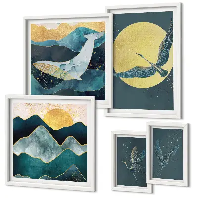Framed photo set birds and mountains in a modern style
