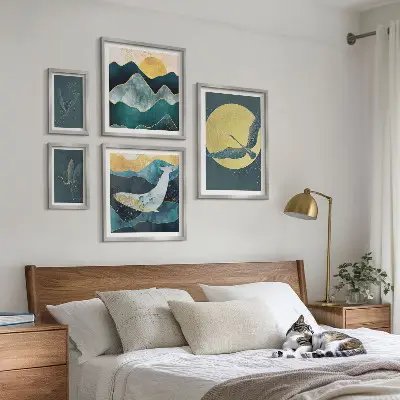 Framed photo set birds and mountains in a modern style