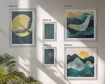Framed photo set birds and mountains in a modern style