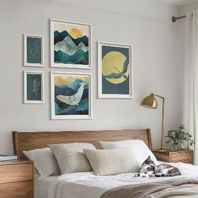 Framed photo set birds and mountains in a modern style