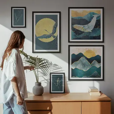 Framed photo set birds and mountains in a modern style