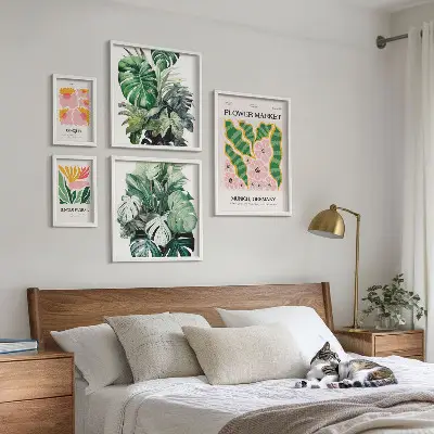 Set of 5 wall art pieces with bohemian flower plant motifs
