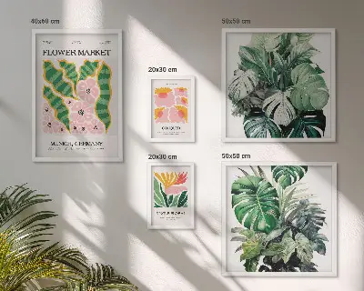 Set of 5 wall art pieces with bohemian flower plant motifs