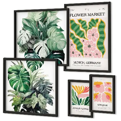 Set of 5 wall art pieces with bohemian flower plant motifs