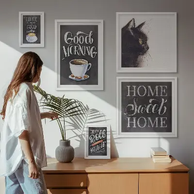 Framed photo set with positive coffee cat slogans