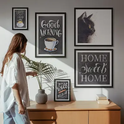 Framed photo set with positive coffee cat slogans