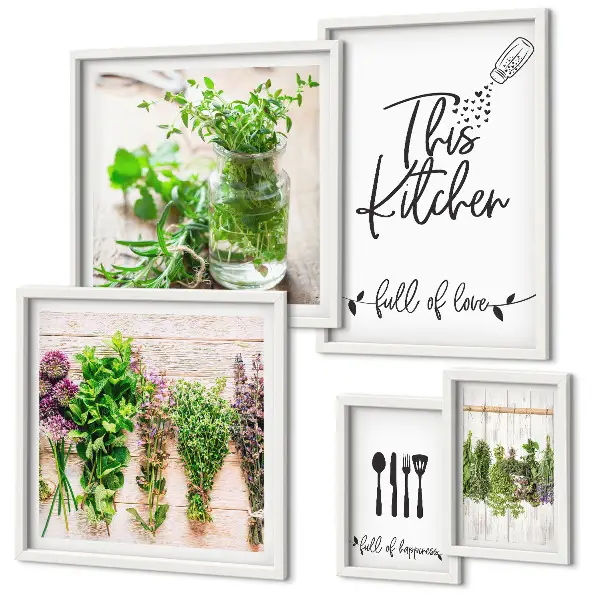 Set of 5 wall art pieces Kitchen herbs and cooking