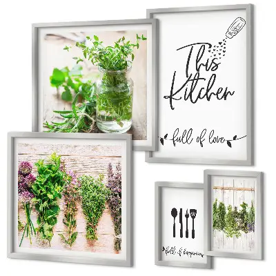 Set of 5 wall art pieces Kitchen herbs and cooking