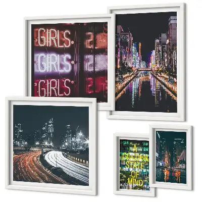 Framed photo set Modern city at night neon