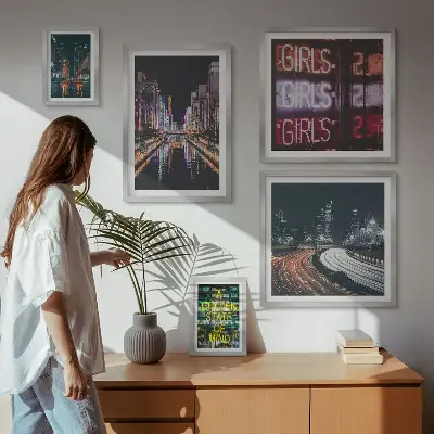 Framed photo set Modern city at night neon