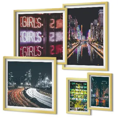 Framed photo set Modern city at night neon