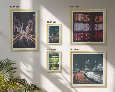 Framed photo set Modern city at night neon