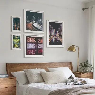 Framed photo set Modern city at night neon