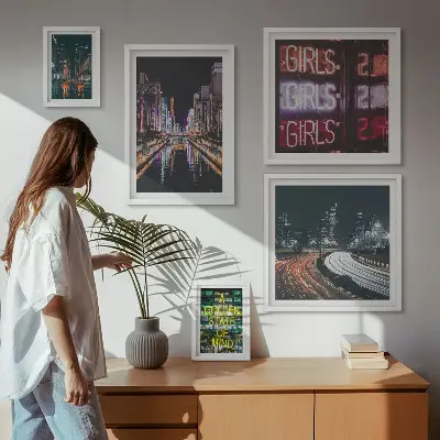 Framed photo set Modern city at night neon