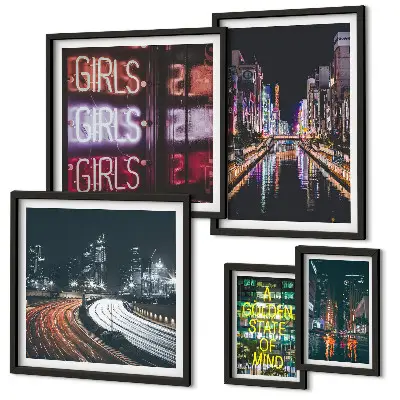 Framed photo set Modern city at night neon