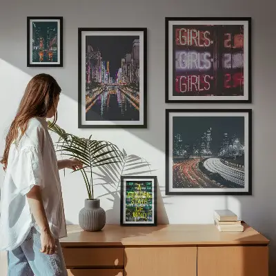 Framed photo set Modern city at night neon