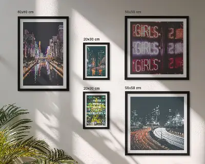 Framed photo set Modern city at night neon