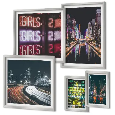 Framed photo set Modern city at night neon