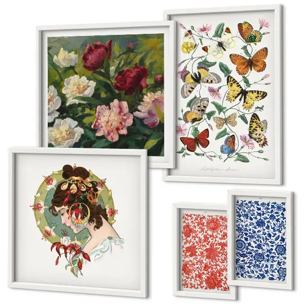 Set of 5 wall art pieces Flowers butterflies vintage decorations