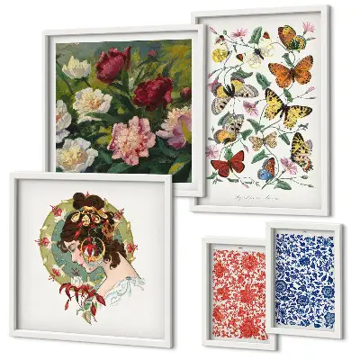 Set of 5 wall art pieces Flowers butterflies vintage decorations