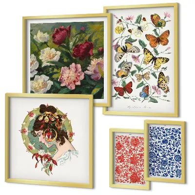 Vintage flowers and butterflies wall art set of 5 pieces