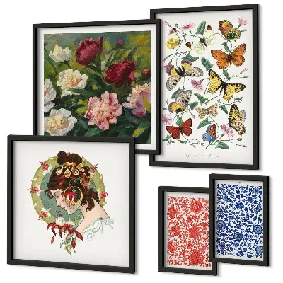 Set of 5 wall art pieces Flowers butterflies vintage decorations