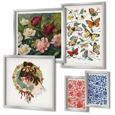 Set of 5 wall art pieces Flowers butterflies vintage decorations