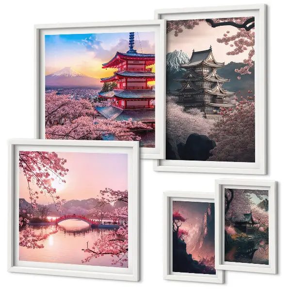 Set of 5 wall art pieces Japanese landscapes with cherry trees