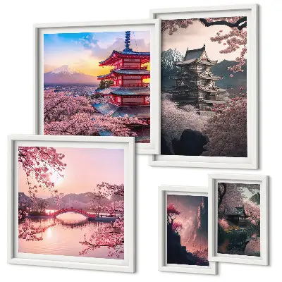 Set of 5 wall art pieces Japanese landscapes with cherry trees