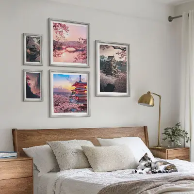 Set of 5 wall art pieces Japanese landscapes with cherry trees