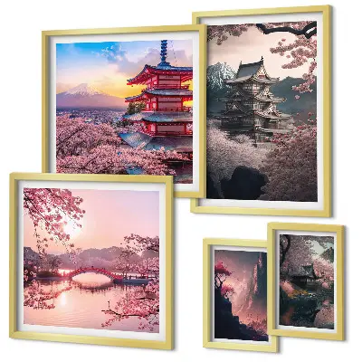 Japanese landscapes with cherry trees wall art set of 5 pieces