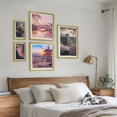 Set of 5 wall art pieces Japanese landscapes with cherry trees