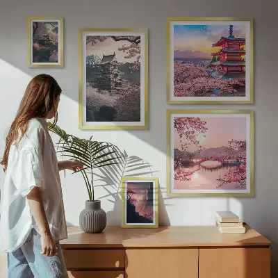 Set of 5 wall art pieces Japanese landscapes with cherry trees