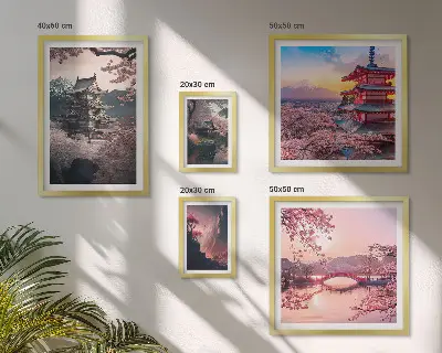 Set of 5 wall art pieces Japanese landscapes with cherry trees