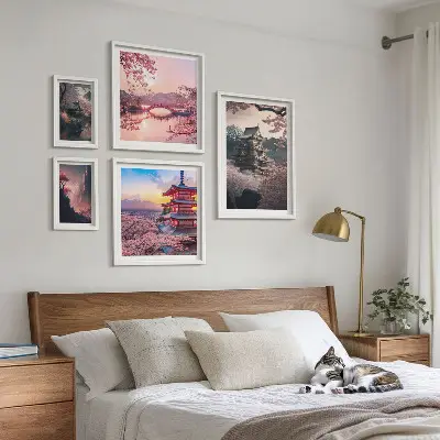 Japanese landscapes with cherry trees wall art set of 5 pieces