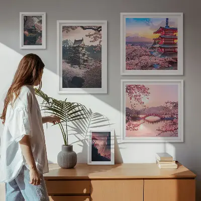 Set of 5 wall art pieces Japanese landscapes with cherry trees