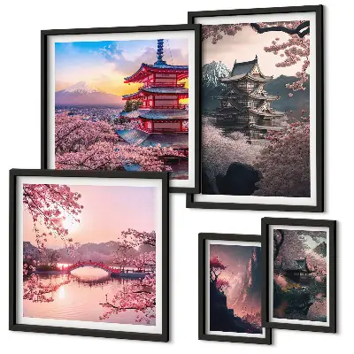 Japanese landscapes with cherry trees wall art set of 5 pieces