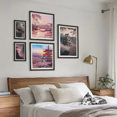 Set of 5 wall art pieces Japanese landscapes with cherry trees