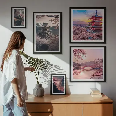 Japanese landscapes with cherry trees wall art set of 5 pieces
