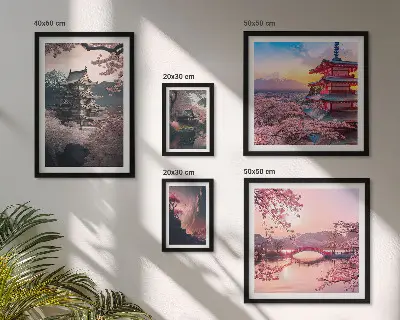 Set of 5 wall art pieces Japanese landscapes with cherry trees