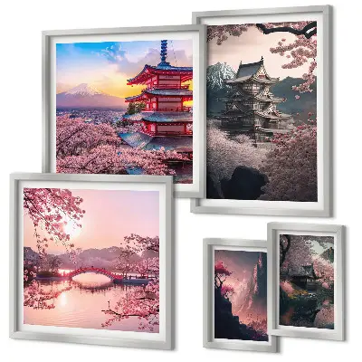 Japanese landscapes with cherry trees wall art set of 5 pieces